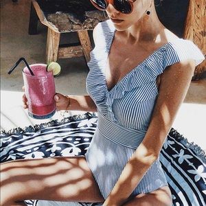 Navy + white striped one piece